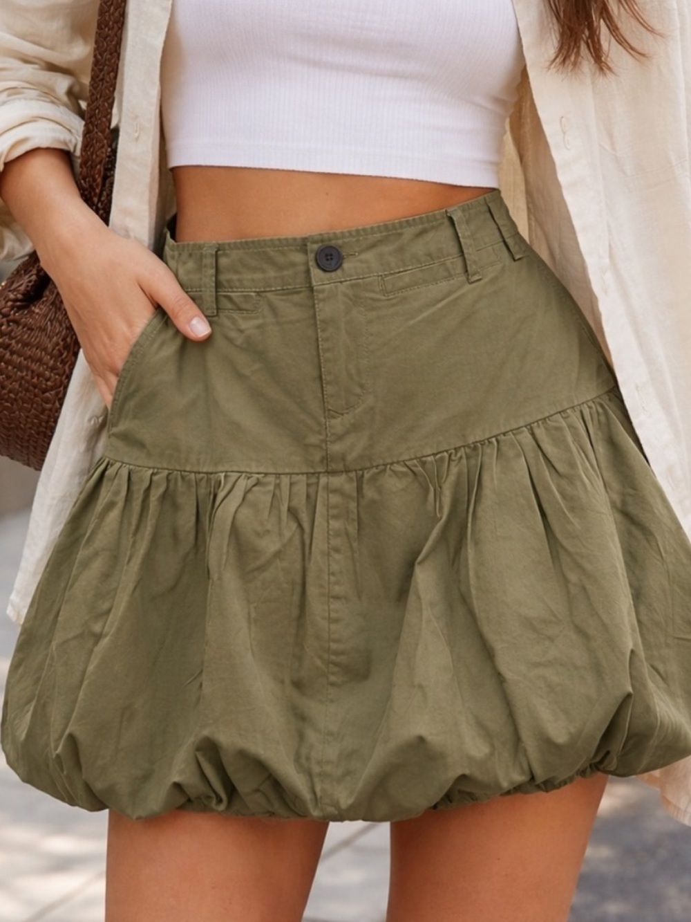Olive Bubble Hem Skort with Pockets